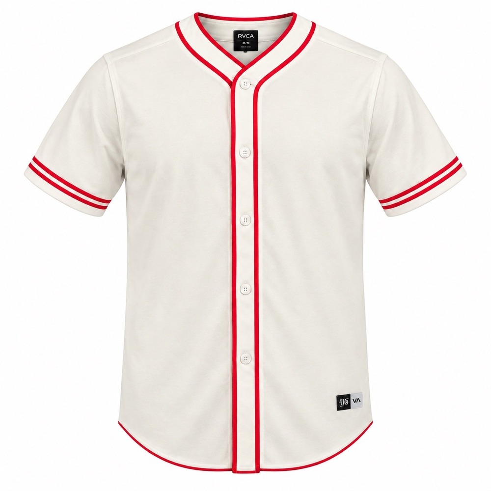 RVCA Baseball Jersey Mens Large Off White Red Trim Button Up Cotton Top Read